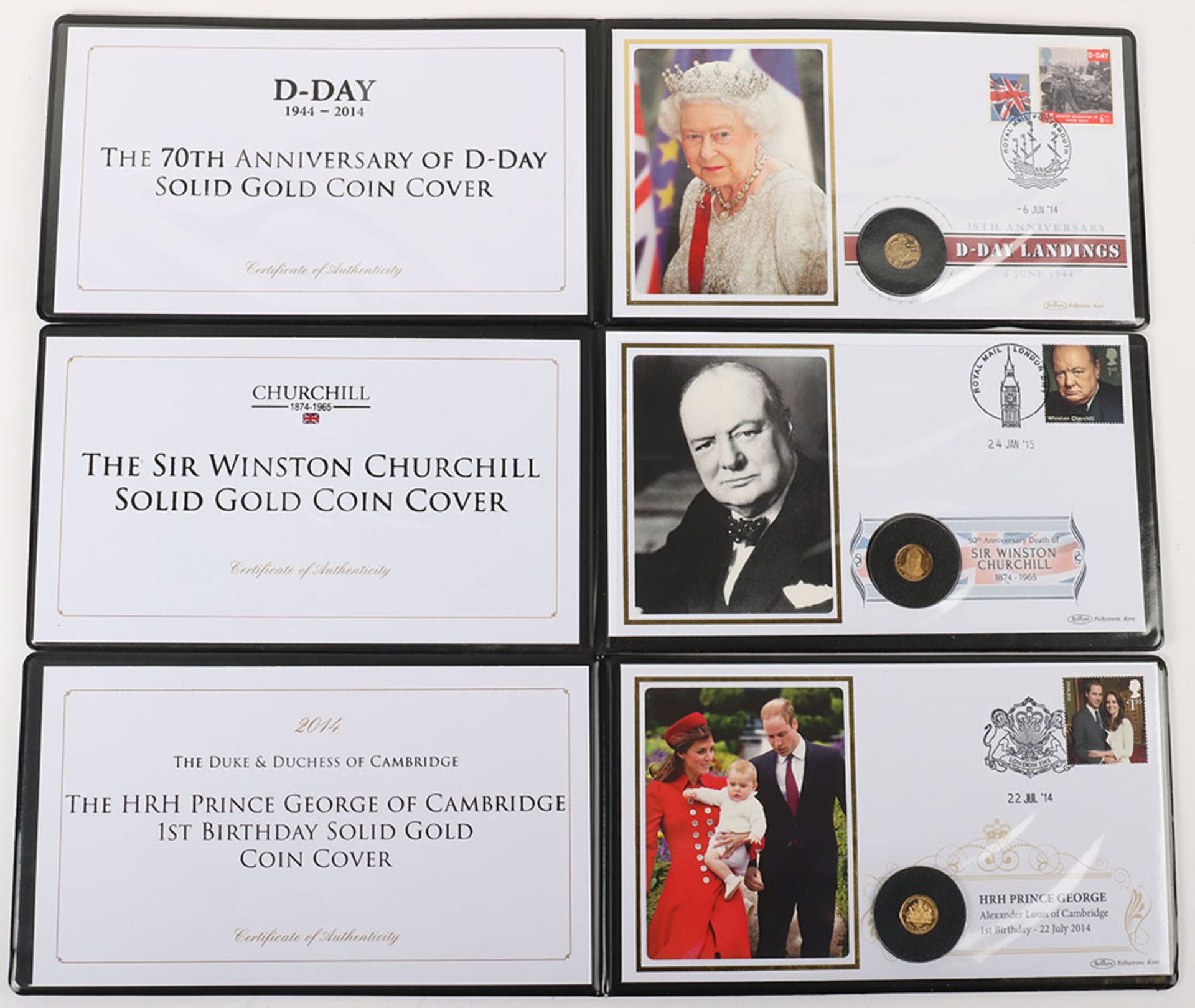 Six Jubilee Mint 9ct gold coin covers, including Prince George