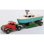 Tri-ang Minic Mechanical Lorry and Trailer carrying 6” Penguin Cruiser Boat