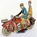 A rare and large George Levy Gely tinplate clockwork Motorbike with Lady pillion passenger, German 1