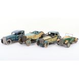 Four English tinplate clockwork toy cars, 1930/50s