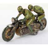 CKO Kellerman 353 tinplate clockwork Motorbike with racing driver and leaning passenger, U.S zone Ge