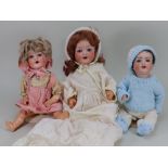 Three bisque head baby dolls,