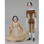 A miniature glazed china shoulder head doll on jointed wooden body, German mid 19th century,
