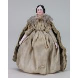 A miniature glazed china shoulder head doll on jointed wooden body, German mid 19th century,