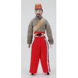 Miniature gentleman soldier bisque shoulder head doll with moulded hat and in Zouave uniform, German