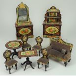 Suite of wooden paper lithographed Dolls House furniture, German 1880s,