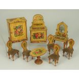 Bedroom suite of wooden paper lithographed Dolls House furniture, German 1880s,