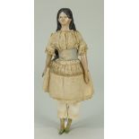 Early papier-mache shoulder head doll in original costume, German circa 1840,