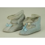 Pair of size 8 blue leather Bebe Jumeau doll shoes with Bee mark,