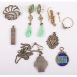 Various jewellery items with silver including a pair of jade earrings, silver ingot, brooch, necklac