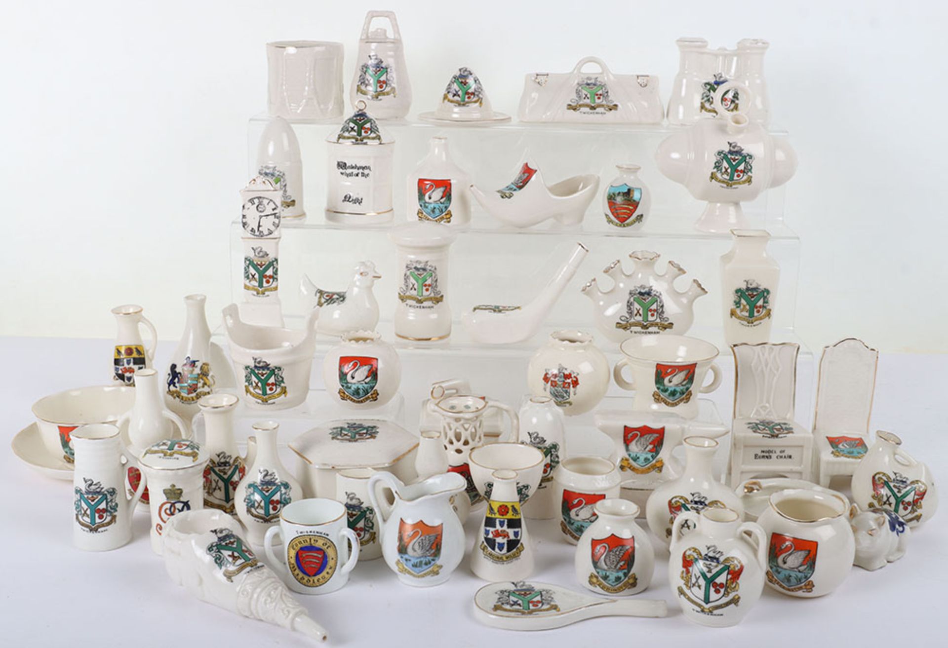 A quantity of crested china, including longcase clocks, cups, animals - Image 2 of 3