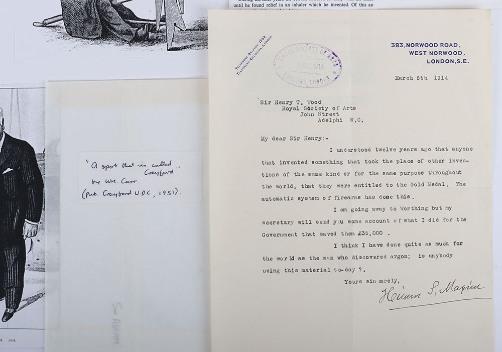 A letter by Sir Hiram Maxim, of the Maxim machine gun