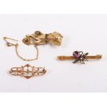 A Victorian 14ct gold diamond brooch and two 9ct brooches of an insect and hand