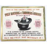 A vintage Felt Hatters & Trimmers Unions card sign,