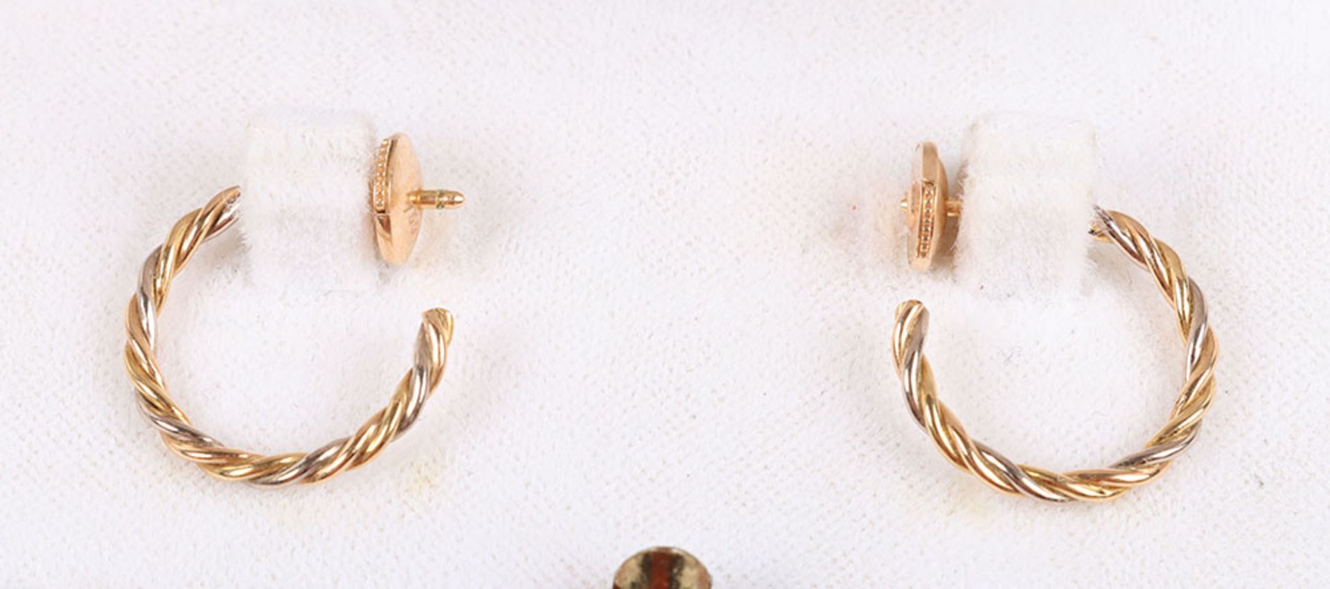 A pair of 18ct gold Cartier Trinity hoop earrings, with white, yellow and rose hoops - Image 3 of 3