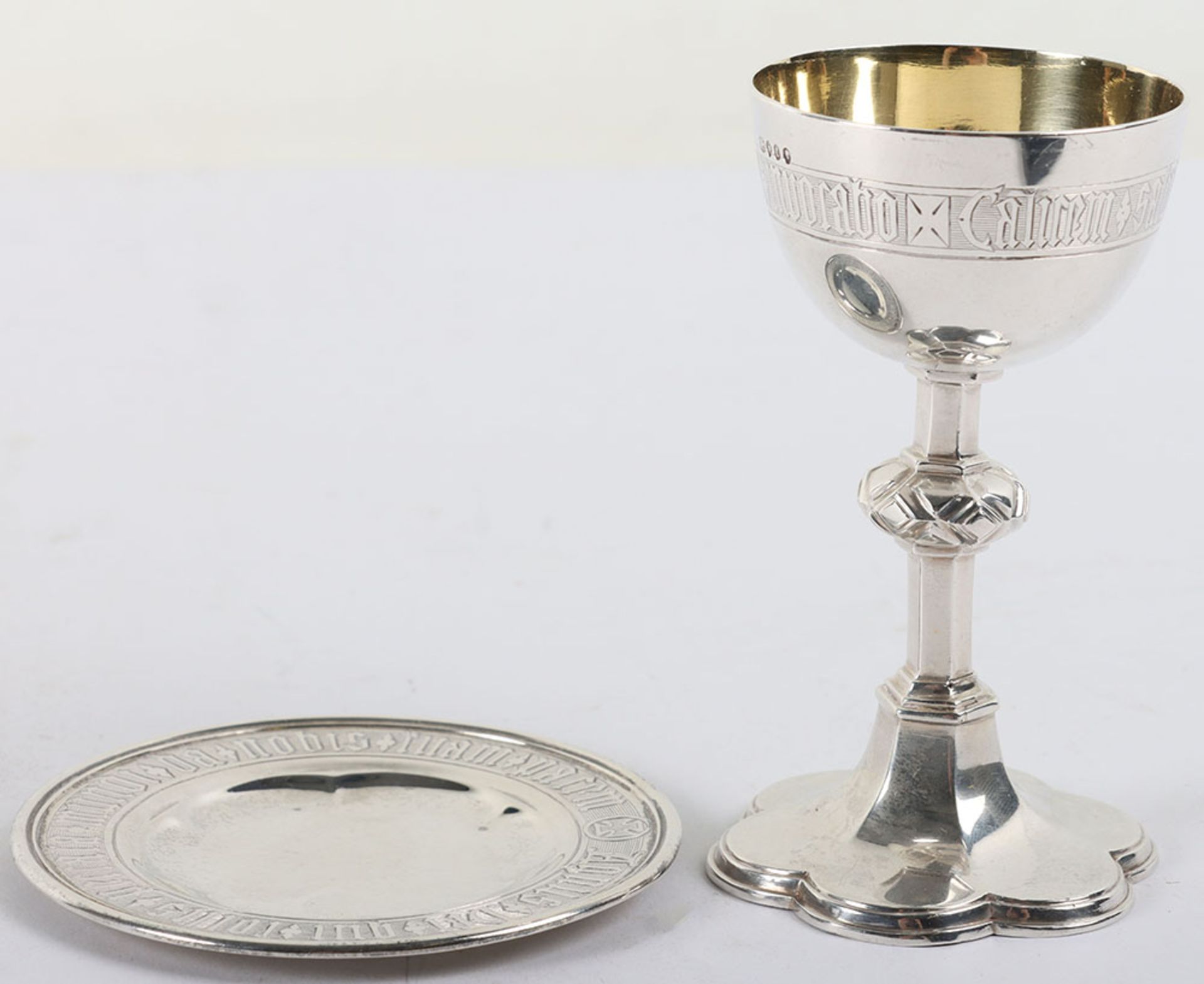 A Victorian silver Gothic revival Ecclesiastical Communion chalice and paten, Edward & John Barnard,