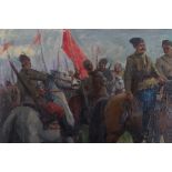 Soviet Russian Oil on Canvas Painting of Cavalry and Artillery Troops on Horseback Believed to be Pa