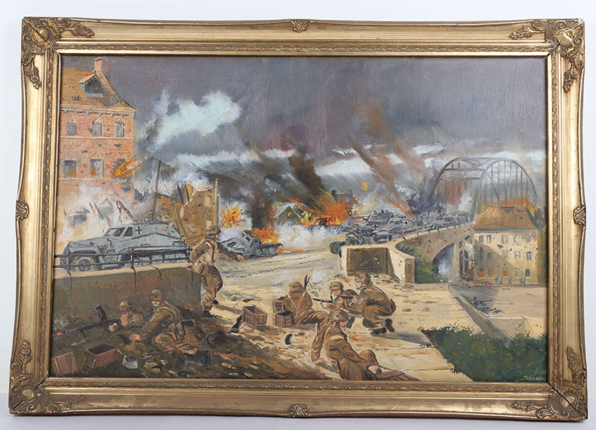 WW2 British Airborne Forces Battle of Arnhem Bridge Oil Painting