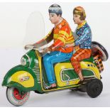 Tinplate Technoifix friction driven Scooter with rider and Lady passenger, circa 1960