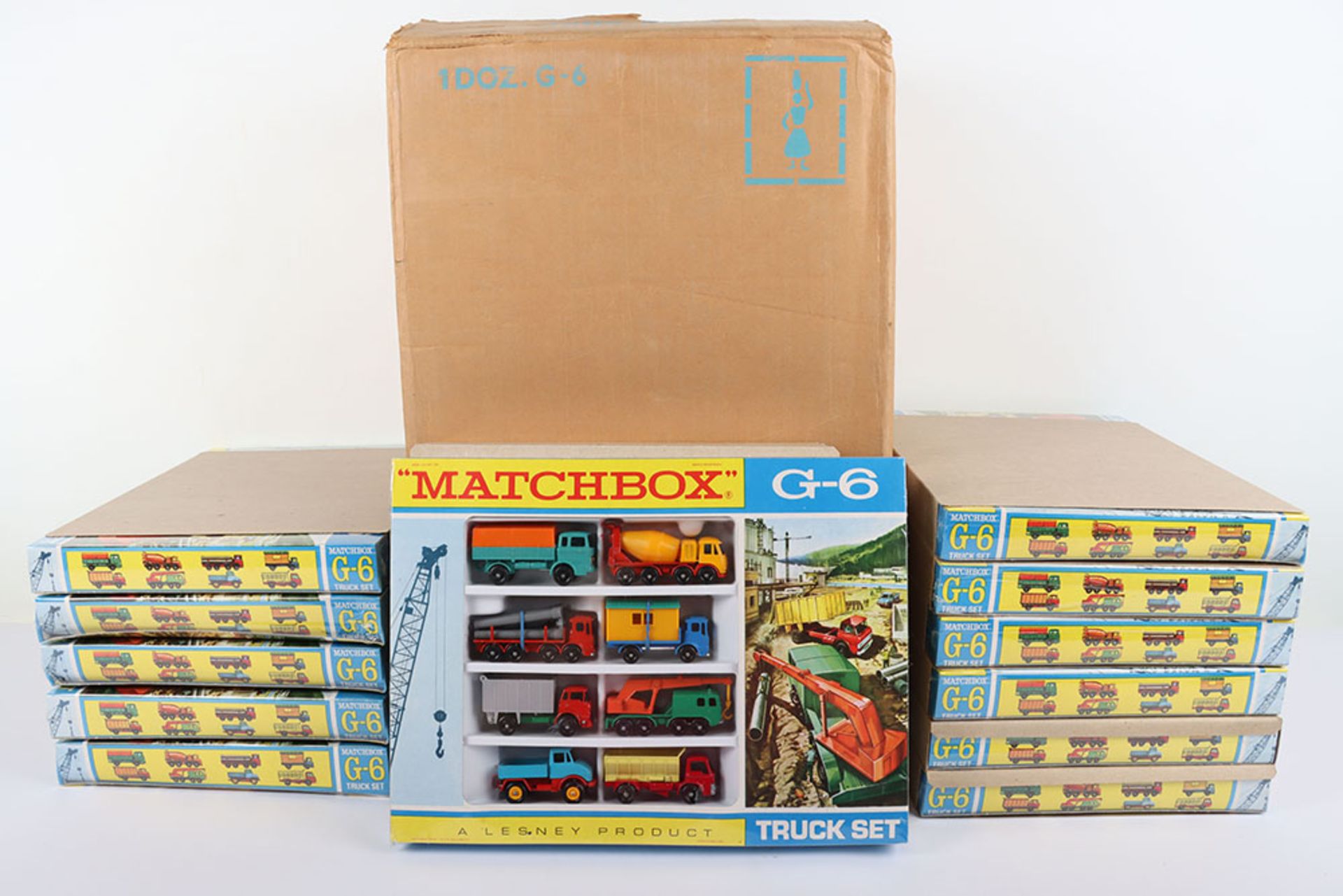 Very Rare Trade Box of Twelve Regular Wheel Matchbox Lesney G-6 Truck Gift Sets