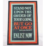 WW1 Parliamentary Recruiting Poster No 52 ‘Stand Not Upon The Order Of Your Going But Go At Once – E