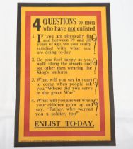 WW1 Parliamentary Recruiting Poster No 62 ‘4 Questions To Men Who Have Not Enlisted – Enlist To-Day’