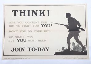 WW1 Parliamentary Recruiting Poster No 38 ‘Think! Are You Content For Him To Fight For You? Won’t Yo