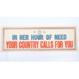 WW1 Parliamentary Recruiting Poster No 9 ‘In Her Hour Of Need Your Country Calls For You’