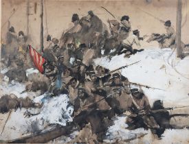 Imperial Russian Painting of a Battle Scene in the Russo-Japanese War