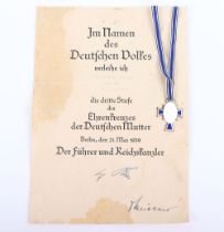 Third Reich Mothers Cross Award with Citation