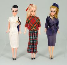 Three vintage Bild Lille type dolls, Hong Kong circa 1960,