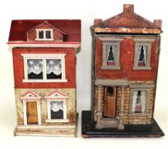 A small wooden dolls house with red brick paper lithographed exterior, German circa 1905,