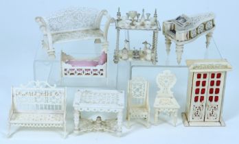 Set of carved bone dolls house furniture, mid 19th century,