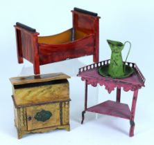 Painted tinplate dolls house chest, bed and washstand, mid 19th century,