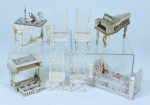 Set of carved bone dolls house furniture, mid 19th century,