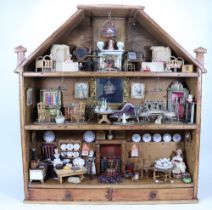 Open fronted pine hanging display dolls house with shelves, English circa 1900,