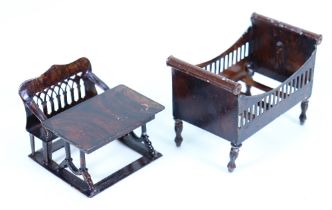 Rock & Graner tinplate dolls house bed and school desk with bench, German circa 1875,