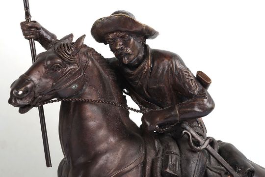 Two large bronze 20th century groups, after Remington ‘The Outlaw’ and Cowboy with US flag - Image 2 of 5