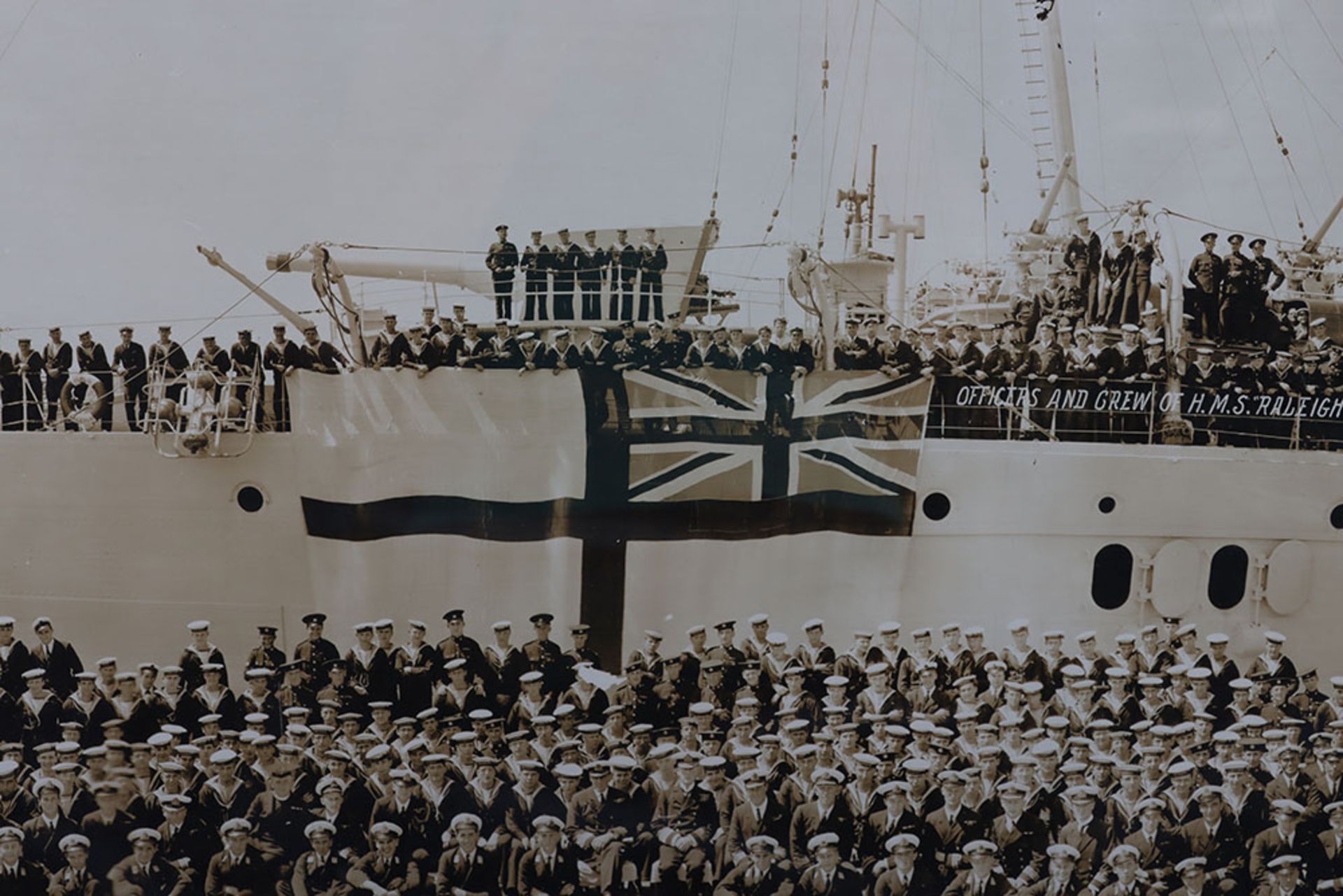 Large Framed and Glazed Panoramic Photograph of the Officers and Crew of HMS Raleigh
