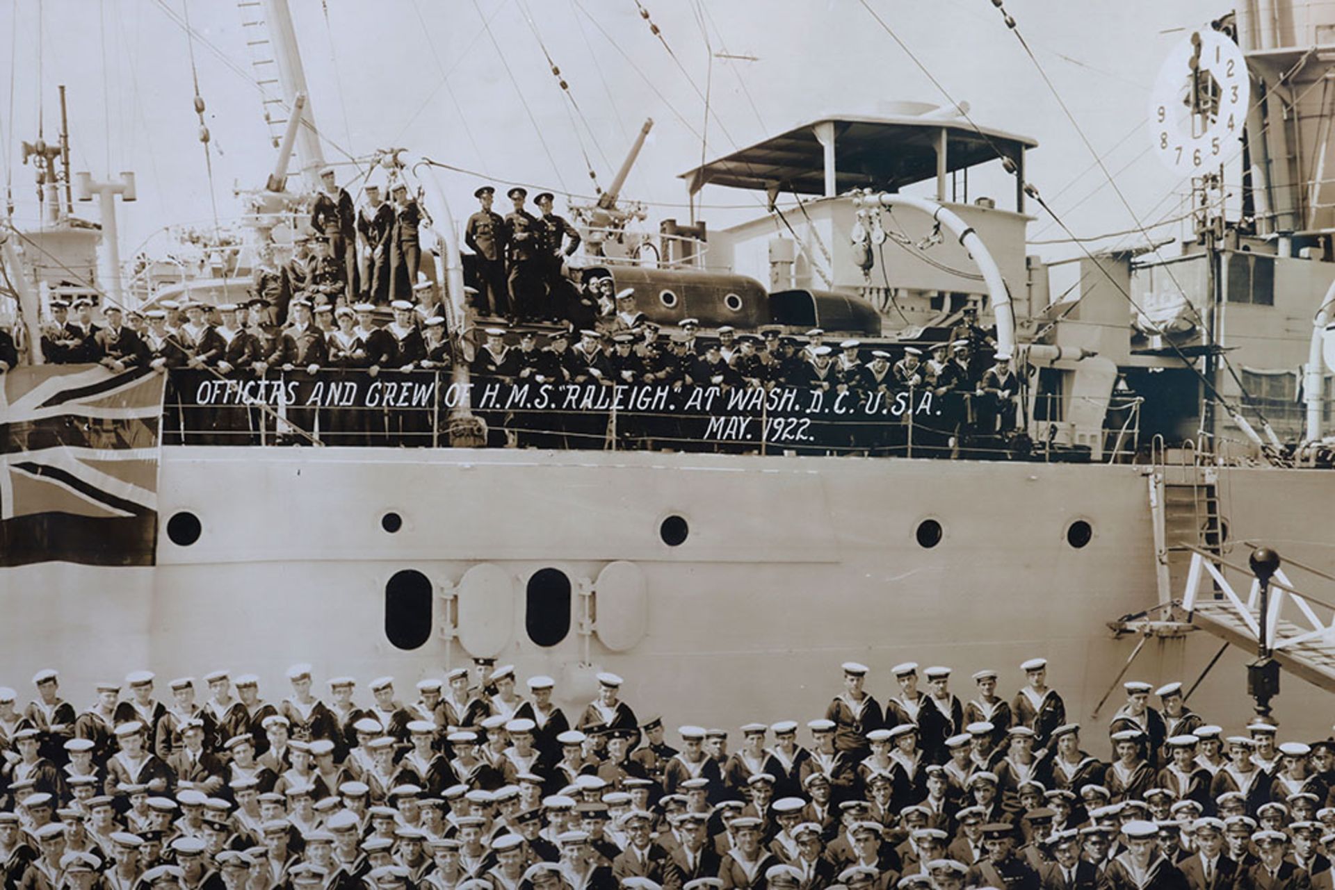 Large Framed and Glazed Panoramic Photograph of the Officers and Crew of HMS Raleigh - Bild 3 aus 5