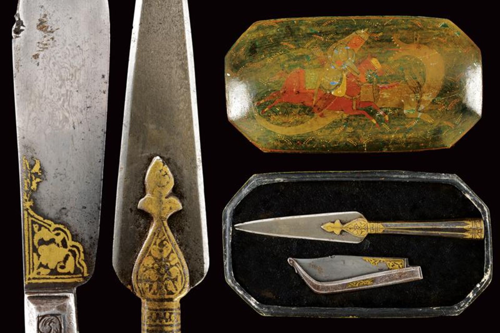 A set of a folding knife and a spearhead in a painted case