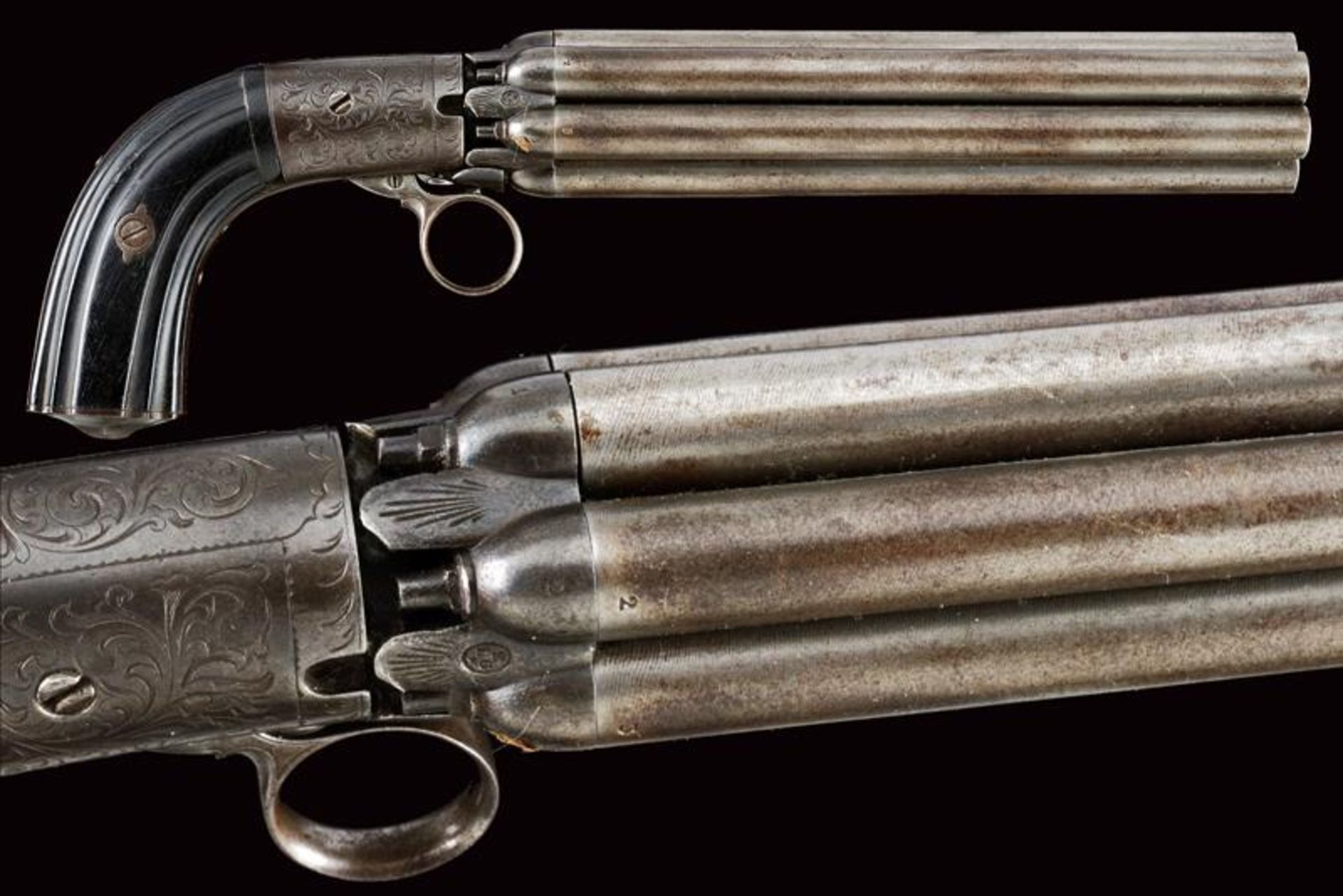 A rare long-barreled percussion pepperbox revolver by Mariette