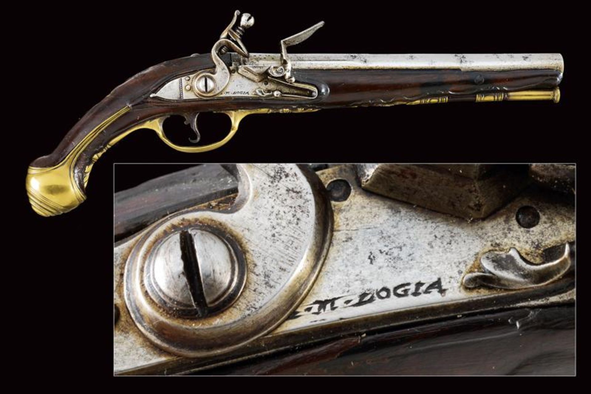 A flintlock pistol signed G.M. Logia (Loggia)