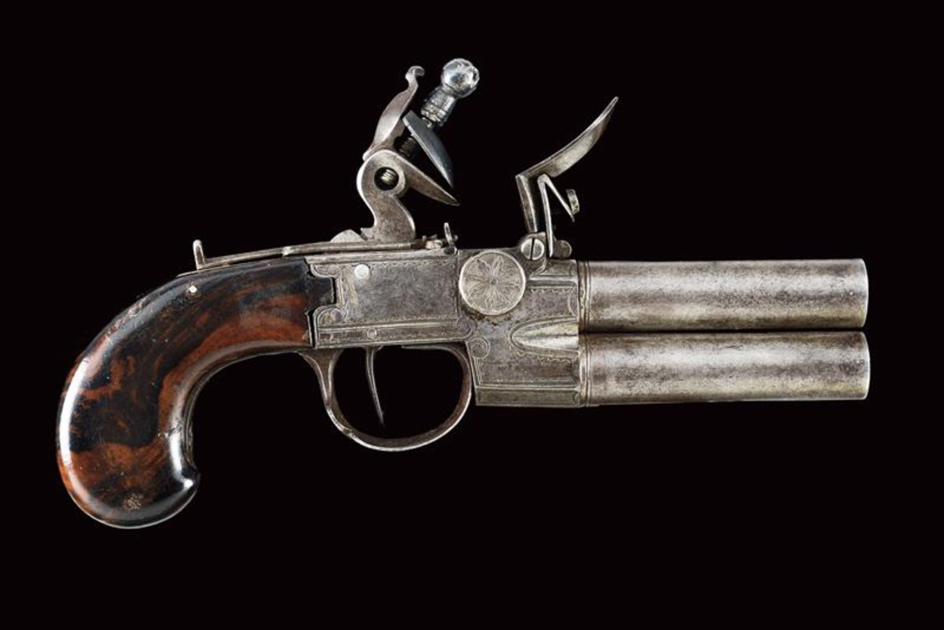 An over-and under-barreled flintlock pocket pistol