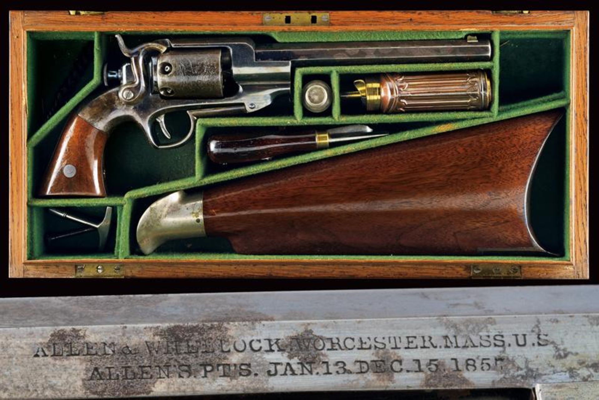 An interesting and rare cased Allen & Wheelock Sidehammer Navy Revolver with shoulder stock