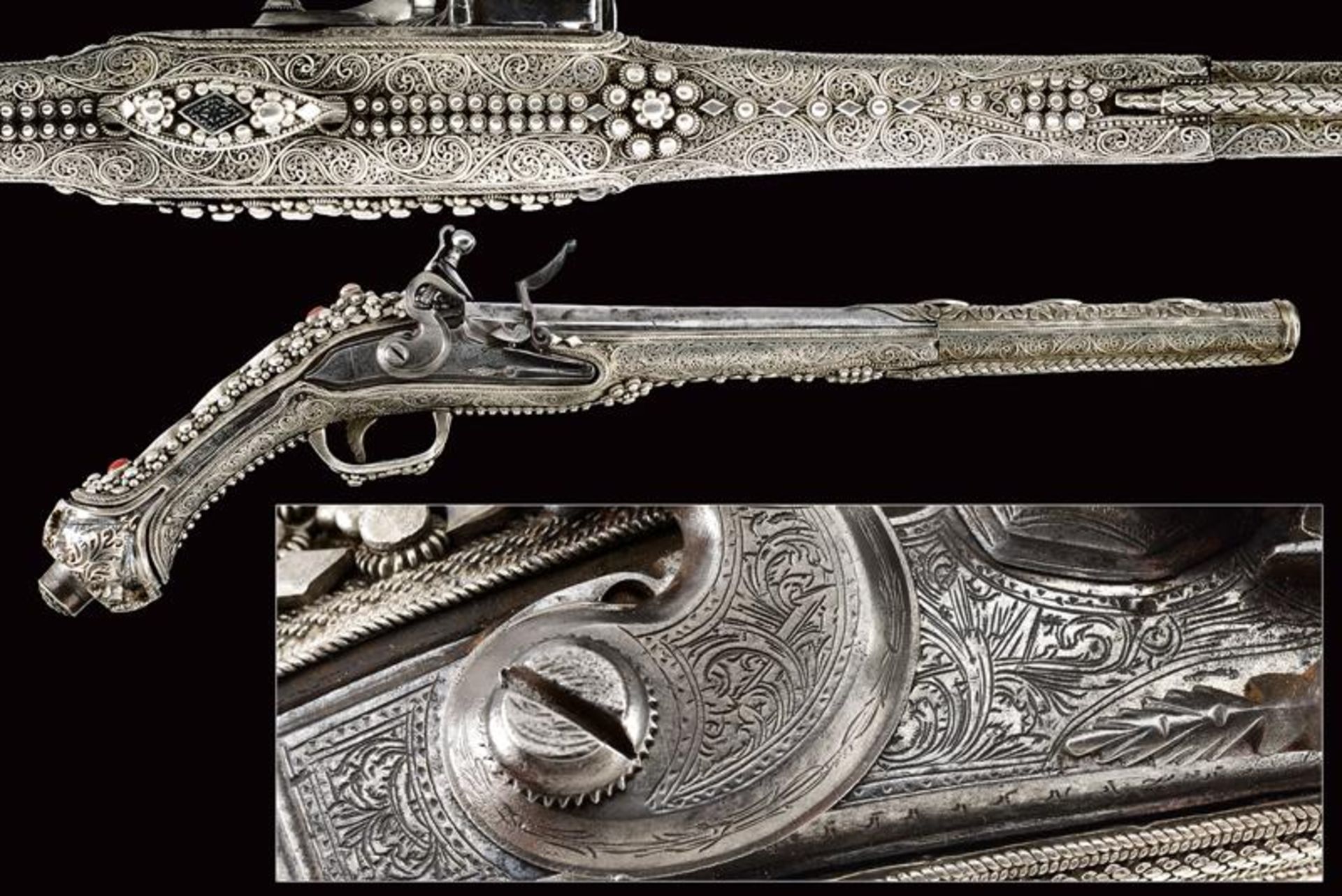 A magnificent silver-mounted flintlock holster pistol in Ali Pasha style
