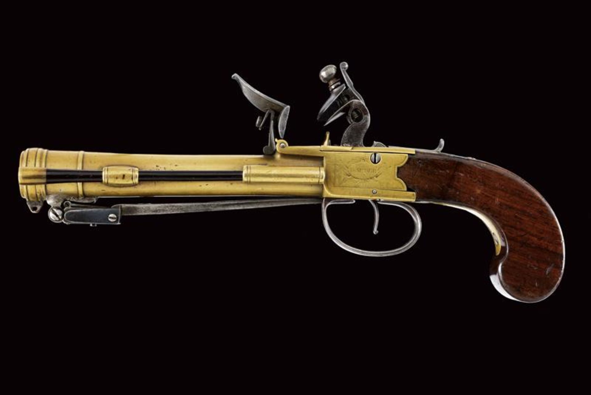 A navy flintlock blunderbuss pistol with spring bayonet by Barber - Bild 4 aus 7