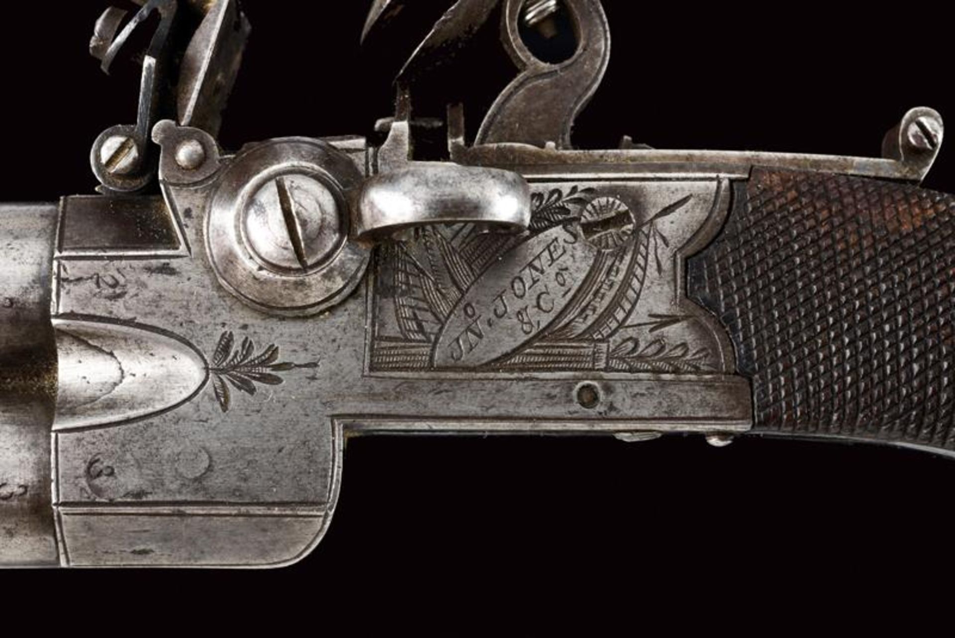 A cased over-and-under-barrelled flintlock pocket pistol by Jones & Co. - Image 3 of 6