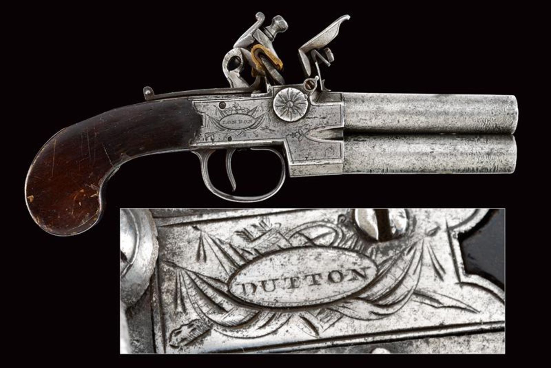 An over-and-under-barreled flintlock pocket pistol by Dutton