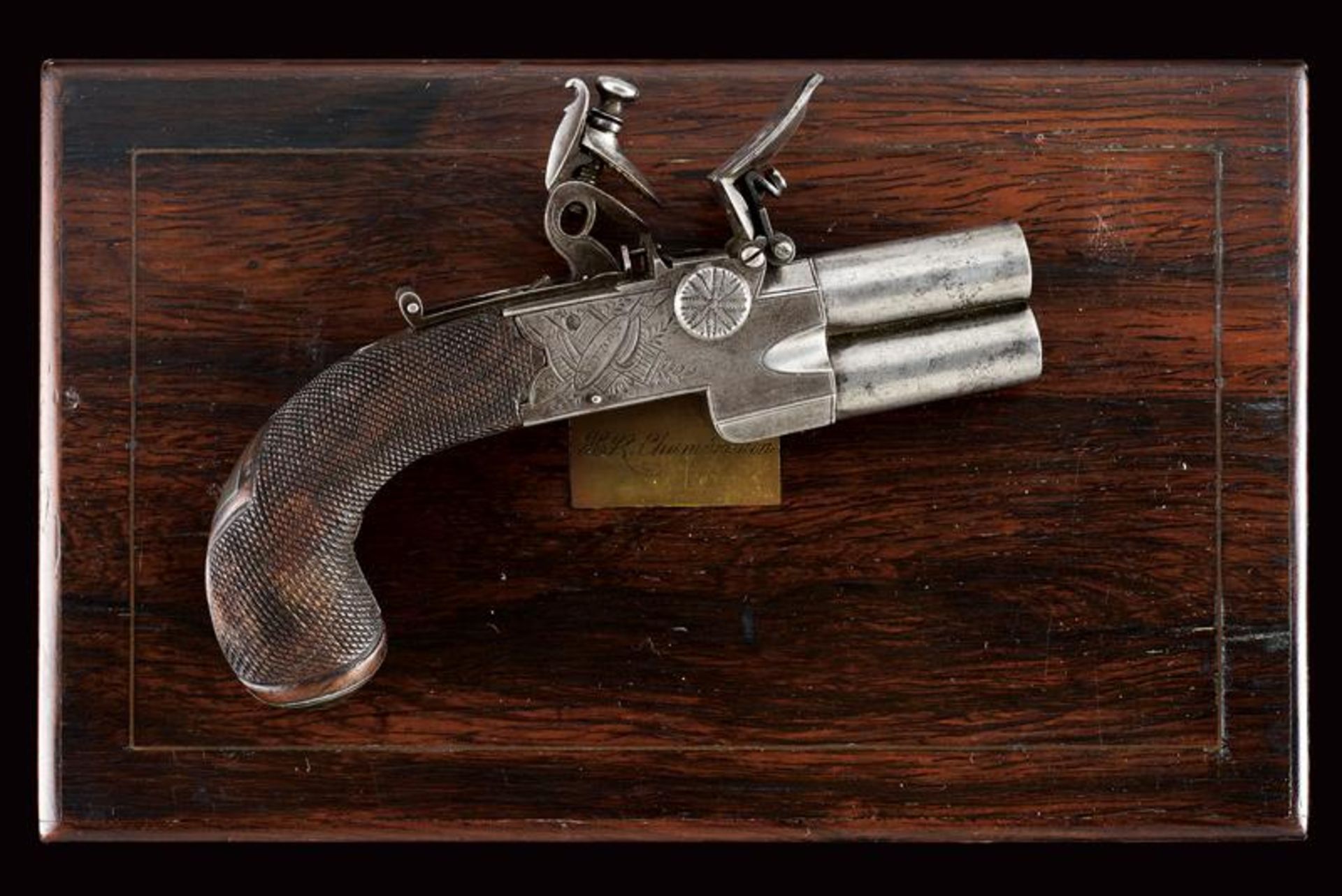 A cased over-and-under-barrelled flintlock pocket pistol by Jones & Co. - Image 6 of 6